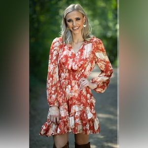 Kori America Women's Rust Floral Print Smocked Waist Dress